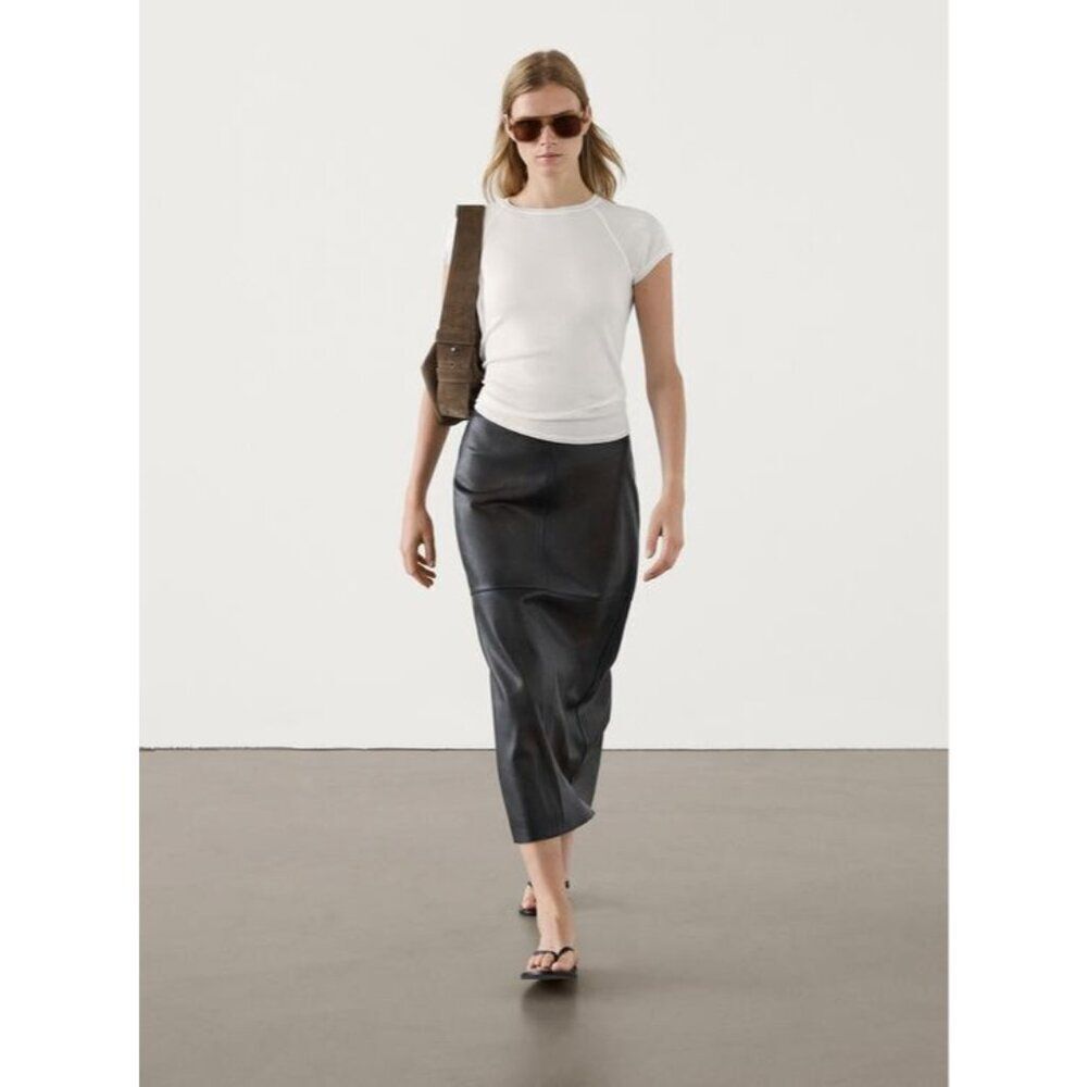 Massimo Dutti Women Midi Skirt M Medium Black Sheepskin Leather 5306/836 Nwd